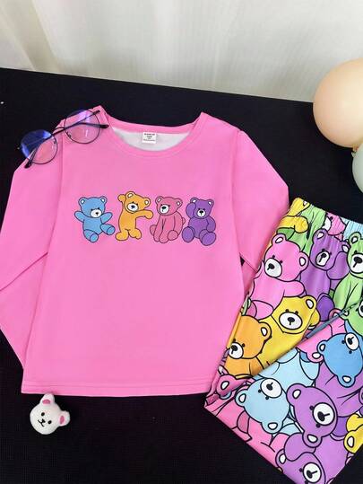 2pcs Cartoon Colorful Bear Print Crew Neck Long Sleeve & Long Pants Pajama Set For Young Girl