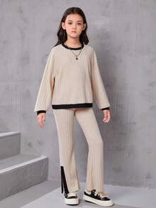 SHEIN Serisse Kids Tween Girl Contrast Ribbed Long Sleeve Loose T-Shirt And Flare Pants 2 Pieces Set