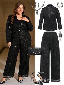 Gownix Plus Size Women's Suit Set,Black,Summer,Elegant,Formal,Evening,Silver Sequins,With Pockets,Long Pants Suit,Autumn/Winter - Black - View 2