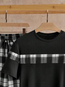 Manfinity VCAY 2pcs/Set Men Casual Knit Patchwork Raglan Short Sleeve T-Shirt And Drawstring Waist Shorts Set - Black - View 4