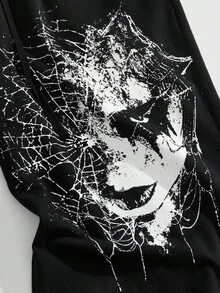ROMWE MEN Goth Men's Dark Face & Spider Web Print Sweatpants Halloween - Black - View 3