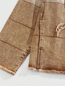 ROMWE MEN Grunge Punk Men's Gradient Frayed Hem Zip-Up Collar Denim Jacket - Black - View 4