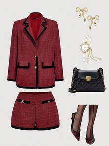 SHEIN MOD Red Loose Blazer Jacket And High Waisted Shorts Set, Back To School Outfit In Fall/Winter - Red - View 1
