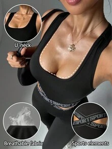 Dewbera Bộ đồ liền thân thể thao dành cho nữ, cổ chữ U, eo chun, lưng chéo, dài 3/4, phù hợp mặc hàng ngày, chạy bộ, yoga, tập gym - màu đen - Xem 7
