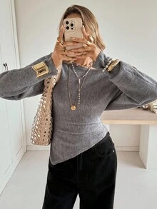 Siren Gaze Women's Elegant Gray Autumn Off-Shoulder Asymmetrical Ruched Knit Sweater,Wool Long Sleeve Fitted Pullover Top For Date,Office,Minimalist Old Money - Grey - View 5