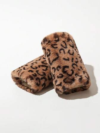 Kawaii 1 par de guantes sin dedos con estampado de leopardo, cálidos