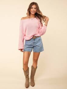 Coeurva 女士纯色不对称领长袖宽松休闲毛衣，秋冬季，长袖上衣 - 粉色 - 查看 2