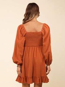 Coeurva 雞心領口前收褶荷葉邊連衣裙 - 橘色 - 查看 5