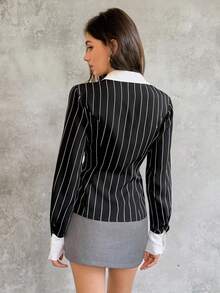 SHEIN Unity Women's Business Casual Contrast Striped Shirt - Black and White - View 3