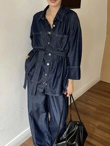 Livesso Women's Cotton Turn-Down Collar Long Sleeve Navy Blue Button-Up Denim Shirt With Wide Leg Pants Outfit Autumn Everyday Casual Streetwear - Navy Blue - View 6