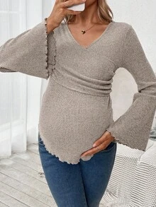 SHEIN Maternity Solid Color Criss-Cross Wrap Flare Sleeve Ruffle Hem Ribbed T-Shirt Ribbed Maternity Top Maternity Top Bell Sleeves Pregnancy Clothes Maternity Clothes