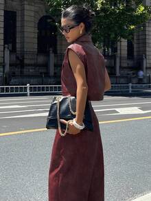 DAZY Bộ 2 món áo không tay và chân váy có túi bằng da PU dành cho nữ, Thu/Đông Y2K - Màu Đỏ Sâu - Xem 3