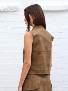 COUREZ Faux Leather Zip Up Vest /Y2k Cute Tops Going Out Top Spring Jacket - Brown - View 5
