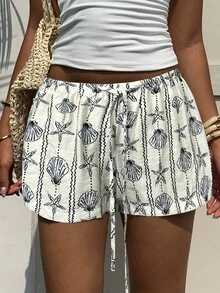 Aloruh Women's Sea Shell & Starfish Striped Button Decorated Belted Waist Shorts, Spring/Summer Summer - Black - View 1