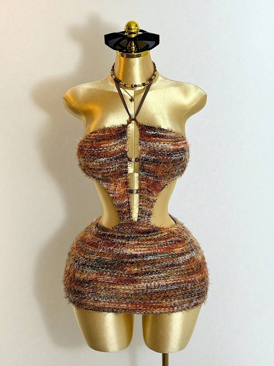 Mistrie Women's Brown Striped Boho Faux Knit Mini Dress,Halter Neck Tie Detail Front Cut-Out Beaded Summer Vacation Dress For Music Festivals Halloween - Brown - View 1