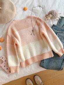 冬季服装、冬季套装、儿童冬季服装、秋季服装、万圣节、万圣节服装、圣诞节服装、女童休闲条纹圆领长袖毛衣 - 彩色 - 查看 2