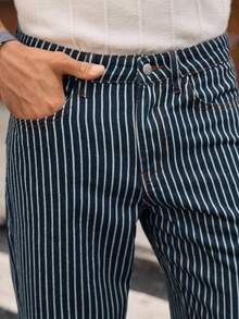 Manfinity NXTstreet 男士休闲条纹中腰直筒牛仔裤 - 藍色 - 查看 6