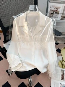GlowEve 女士纯色翻领长袖单排扣羽毛拼接优雅衬衫 - 白色 - 查看 7