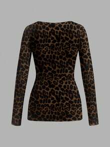Attitoon Vintage Leopard Print Graphic V-Neck Slim Fit Long Sleeve T-Shirt For Women,Dark Brown,Autumn,Seksi Chic,Night Out,Y2K Boho Hippie Cheetah Top - White - View 4