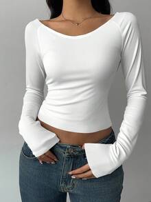 SHEIN BASICS 休闲简约罗纹宽领女式长袖 T 恤，百搭，打底衫，秋冬 - 彩色 - 查看 3