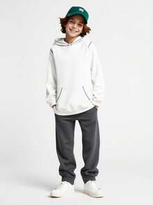 SHEIN Áo nỉ có mũ, phối sọc tương phản, túi, phong cách thường ngày cho bé trai tuổi teen, thích hợp cho mùa thu/đông. - trắng - Xem 3