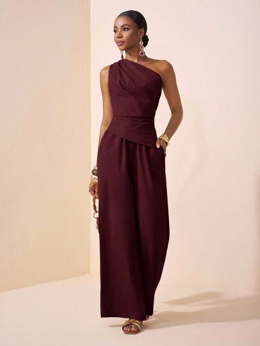 Zivah 2025 Summer New Style Music Festival Easter Mother's Day Wedding Birthday Party Daily Outing Basic And Versatile Leisure Internet Celebrity Hot Style Elegant Commuter Business Casual One-Shoulder Pleated Waist Asymmetrical Hem Women's Top And Straight Pants Khaki Women's Two Pieces Set