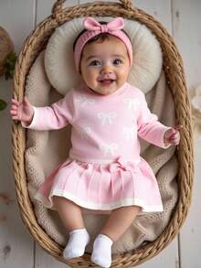 SHEIN Playful Pals Baby Girls' Casual Fashion Cute Pink Bow Pleated Knit Dress, Soft & Comfortable, Suitable For Daily, Outing, Travel, Holiday, Home, Nursery, Autumn/Winter, Christmas, Back To School, Party, Versatile Fall - Baby Pink - View 7