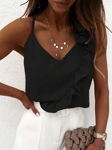 INAWLY 女士實色簡約日常穿搭小背心，有荷葉邊設計 - 黑色 - 查看 3