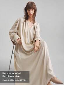 Ontre 2025 新款优雅开叉连衣裙，女士长袖圆领褶皱领口系带袖口连衣裙，A 字形喇叭下摆，缎面面料，杏色，宽松版型，休闲日常/商务通勤装