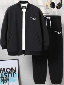 SHEIN Teen Boys Casual Street Bird Print Solid Color Versatile Comfortable Plain Long Sleeve Bomber Jacket And Long Pants Set, Suitable For Commuting, School, Casual, Holiday, Sports, Party, Fall Autumn And Winter Seasons Boys Sweatsuits Set Boy Teen 2pc Sets Tracksuit Jogging Track Suit For Teen Boys Boys Autumn Winter Casual Two Piece Set