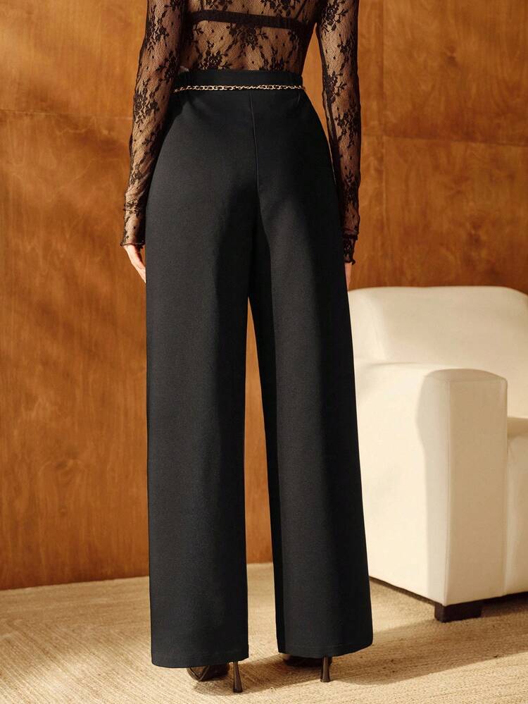 Women's Elegant Straight-Leg Pants With Handmade Chain Decoration, Comes With Waist Chain