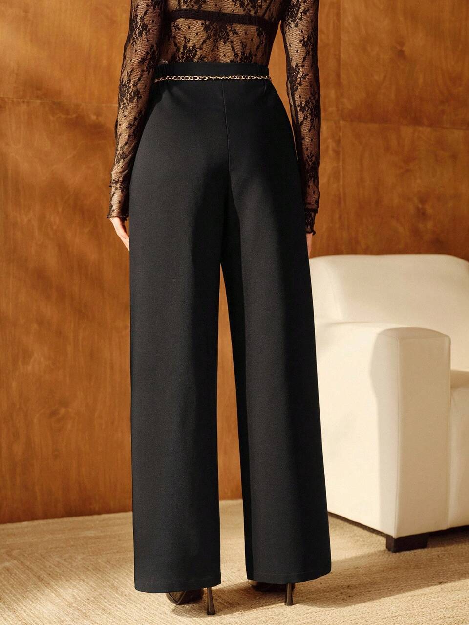 Women's Elegant Straight-Leg Pants With Handmade Chain Decoration, Comes With Waist Chain