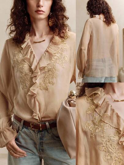 Revavyn Revavyn 女士雪纺修身3D刺绣优雅荷叶边设计日常休闲长袖上衣，适合秋季穿着，外出波西米亚风上衣