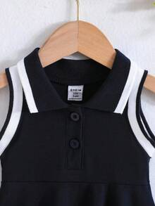 SHEIN Baby Girl Contrast Trim Half Button Sleeveless Dress For Summer - Royal Blue - View 5