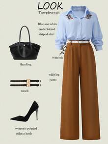 Franclia Women's Basic Blue And White Striped Embroidered Small Flower Shirt + Brown Slim Casual Trousers French Retro Casual Commuting Women's Two-Piece Suit Women's Autumn Clothing Women's Commuting Wear