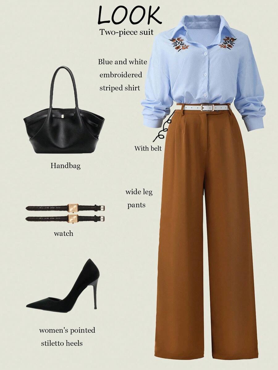 Franclia Women's Basic Blue And White Striped Embroidered Small Flower Shirt + Brown Slim Casual Trousers French Retro Casual Commuting Women's Two-Piece Suit Women's Autumn Clothing Women's Commuting Wear