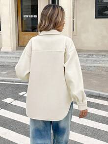 Serisse Women's Casual Solid Color Front Button Dropped Shoulder Jacket, Autumn,Fall Winter White - White - View 2