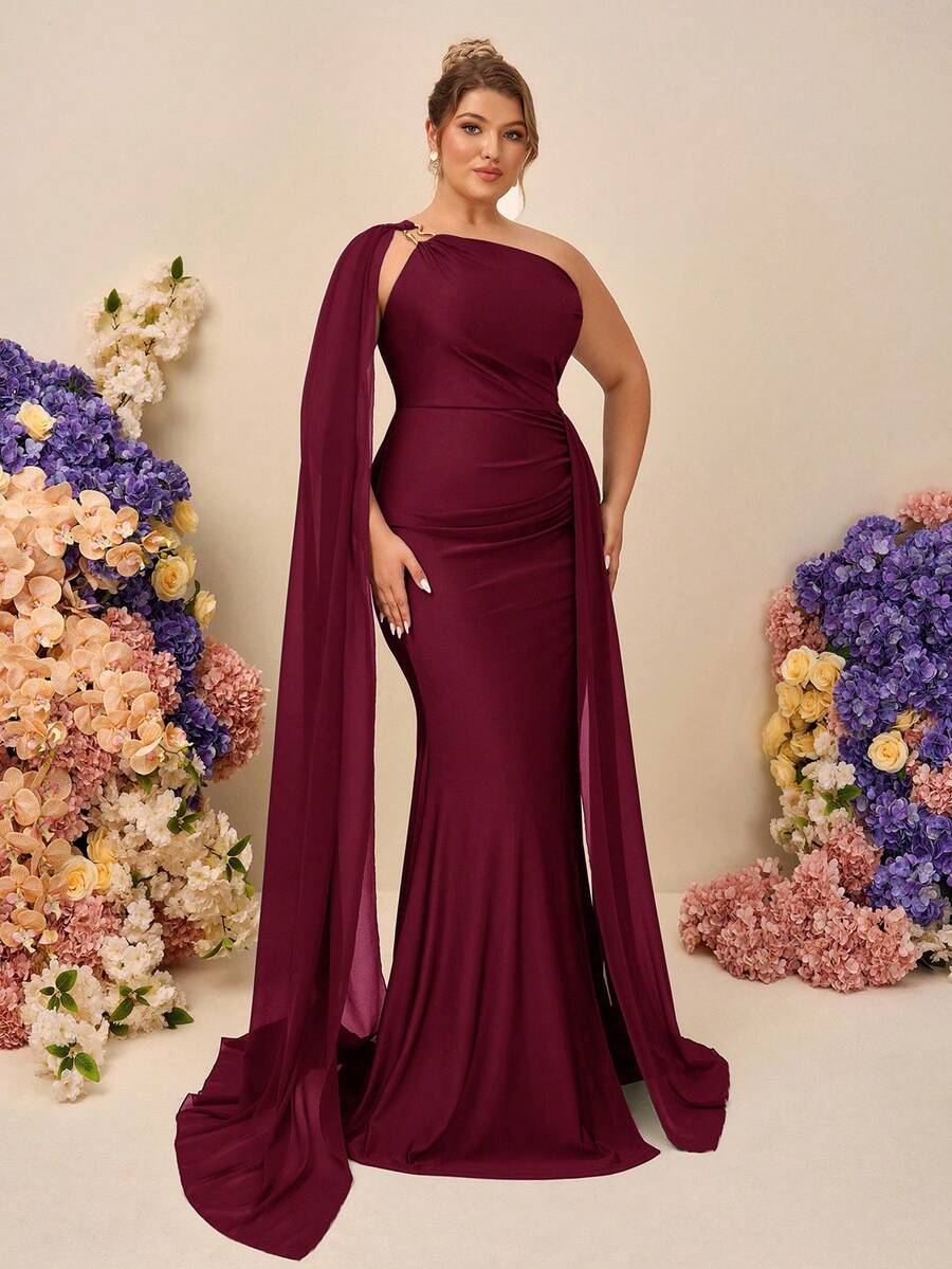 SHEIN Belle Plus Size Elegant Minimalist Red Asymmetric Shoulder Sequin Sleeve Bodycon Ruched Side Slit Maxi Bridesmaid Dress