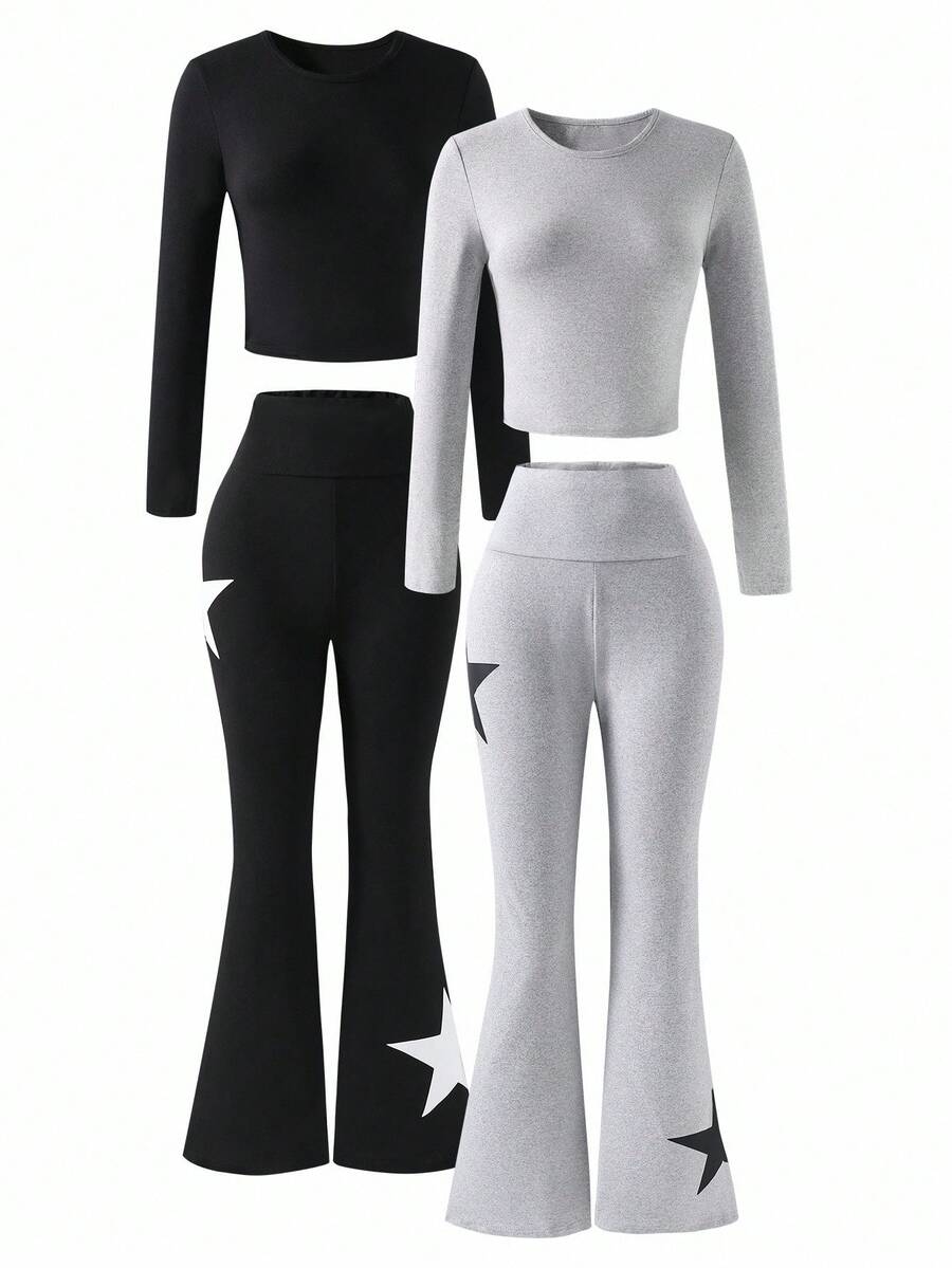 Set de 2 piezas Conjunto de moda para adolescentes con top de manga larga ajustado + pantalones de manga larga acampanados, adecuado para primavera/otoño - Multicolor - Ver 1