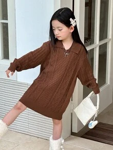 DAZY Vestido de suéter de cuello alto para niña, otoño e invierno - Caqui - Ver 8