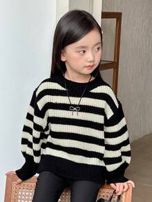 Dazy Kids Young Girls Crew Neck Striped Sweater, Fall Clothes - Black and White - View 6