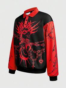 ROMWE MEN Anime 男式深色链条恶魔印花 Polo 领长袖休闲 T 恤 - 黑色 - 查看 5