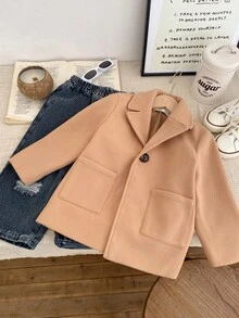 SHEIN 秋冬纯色休闲宽松长袖口袋青年男童大衣 - 棕色 - 查看 4