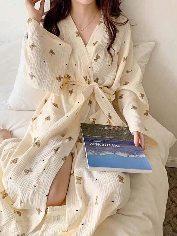 SHEIN 1PC Women's Robe - Minimalist European Style Long Sleeve Sleepwear Loungewear, Cute Bear Print, Lightweight Thin Material, Solid Color, Spring Autumn Summer Home Bathrobe, Petite To Plus Size, Wedding Party, Spa Bathroom Decor