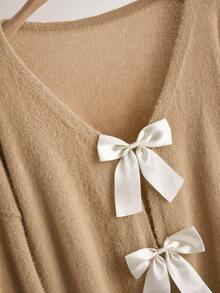 CosyJoli Áo len dài tay trễ vai dáng rộng, thắt nơ sau lưng cỡ lớn dành cho nữ, mùa thu - Màu be - Xem 4