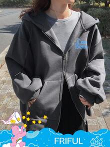 SHEIN X Care Bears FRIFUL Chaqueta con capucha de forro polar con cremallera, cordón y gráfico de oso de dibujos animados, para uso casual y diario, invierno