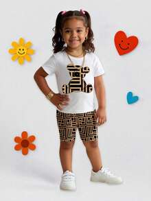 女宝宝休闲时尚创意黄黑条纹熊图案印花短袖T恤和自行车短裤套装 - 彩色 - 查看 3