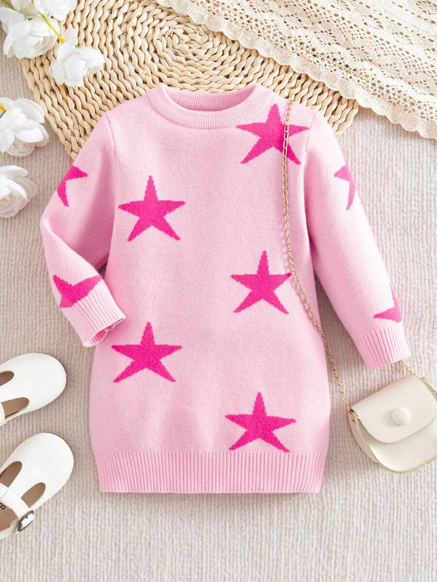SHEIN Baby Girls Casual Long Sleeve Crew Neck Sweater Dresses,In Fall/Winter - Pink - View 1