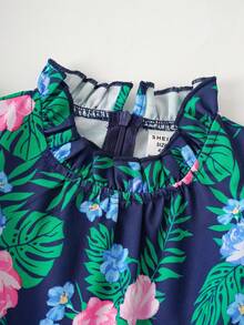 Joliand Joliand 1pc Young Girl Urban Elegant Green Leaf & Pink Floral Print Ruffle Hem Loose Sleeveless Dress,Navy Blue,Summer,Beach,Holiday For Casual,Party,Wedding - Multicolor - View 6