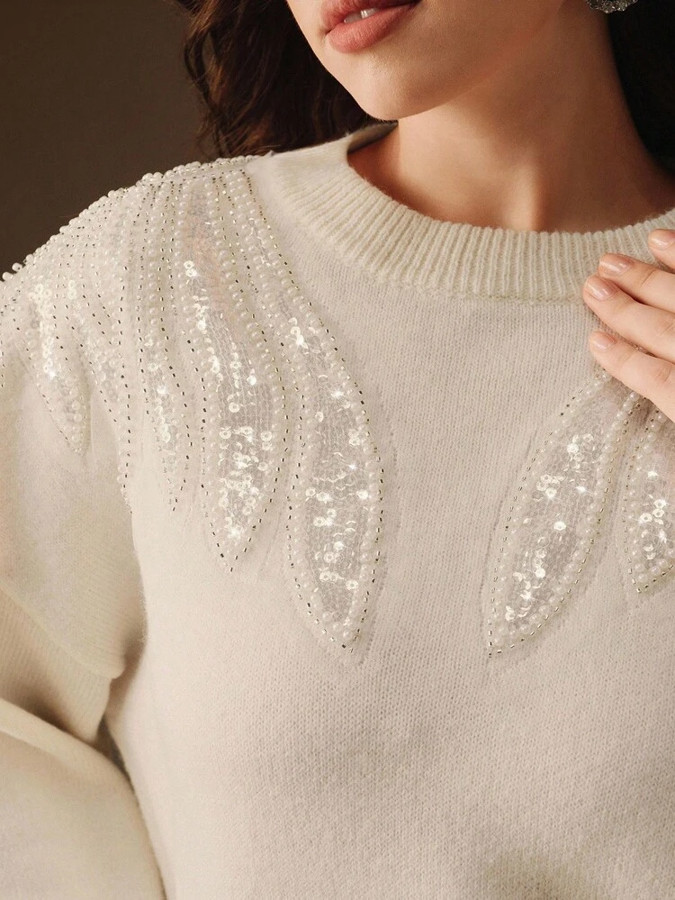 Valentine Women's Elegant Sequin Wing Pattern Embroidered Blouse, White, Suitable For Christmas Party, New Year's Eve, Plus Size